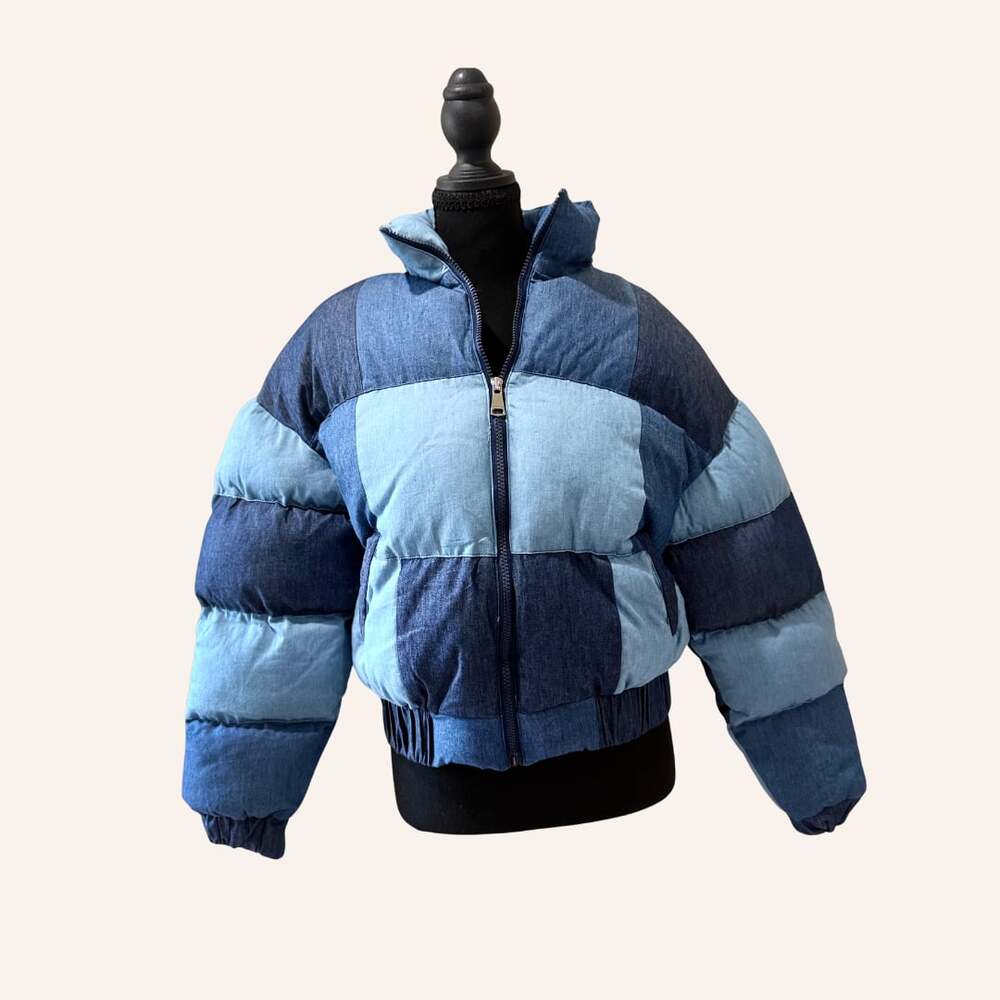 Nasty Gal Collection Patchwork Denim Puffer Jacket US 6